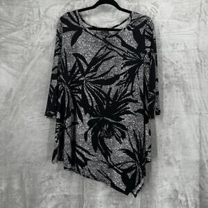 Clara Sun Woo Tunic Top Womens Medium Black White Palm Slinky Stretch Boxy
